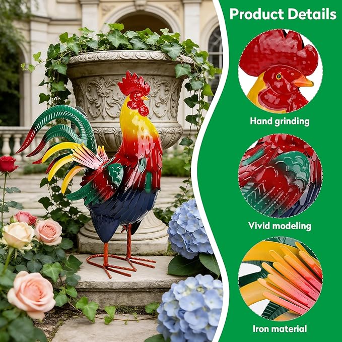 Metal Rooster Garden Statue Outdoor Decor Yard 17" Chicken Statue Garden Decoration, Large Animal Sculpture Chicken Themed Gift for Outdoor Porch Patio Backyard Lawn Ornament