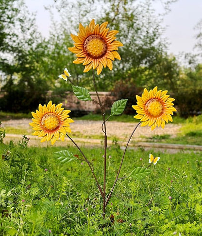 30" Metal Flowers for Outside Garden Stakes Decorative - 3-Head Sunflower Metal Yard Art Outdoor and Garden Decor, Spring Lawn Ornaments for Porch Backyard Patio, Rustproof Garden Gifts