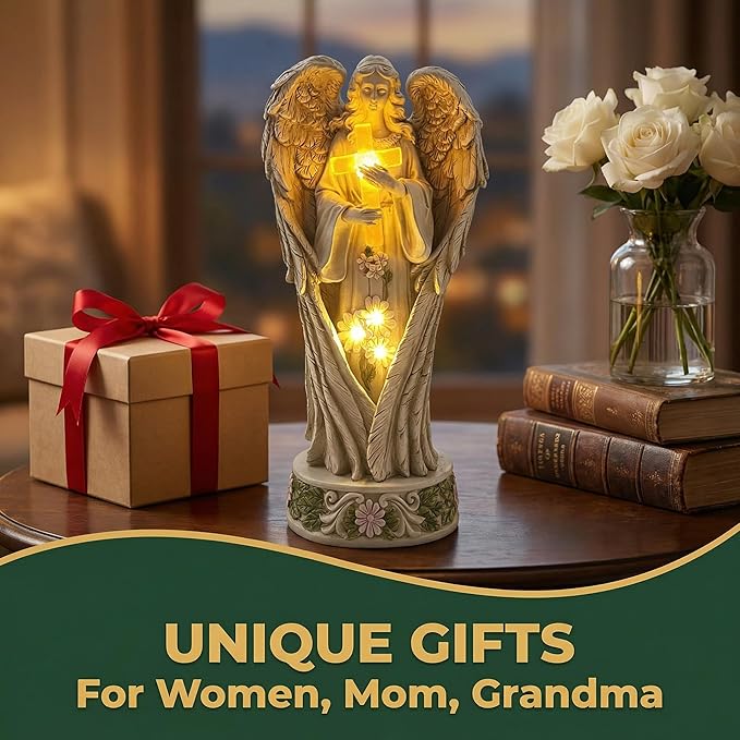COWOS Angel Statue for Garden, Solar Angel Statue for Cemetery Decorations, Praying Angel Cross Memorial Statue, Memorial Garden Figurine Gift
