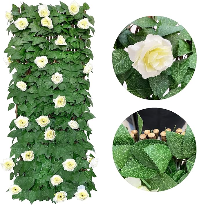 GLANT Expandable Fence Privacy Screen for Balcony Patio Outdoor,Decorative Faux Ivy Fencing Panel,Artificial Hedges (Single Sided Leaves) (4, White Rose)
