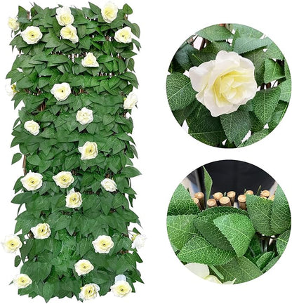 GLANT Expandable Fence Privacy Screen for Balcony Patio Outdoor,Decorative Faux Ivy Fencing Panel,Artificial Hedges (Single Sided Leaves) (2, White Rose)