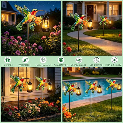Solar Garden Statue Figurine with Solar Lanterns Outdoor Waterproof, Green Hummingbird Hanging Solar Light, Solar Path Lights Yard Art, Outside Patio Garden Decor Gardening Gift for Mom Grandma Women