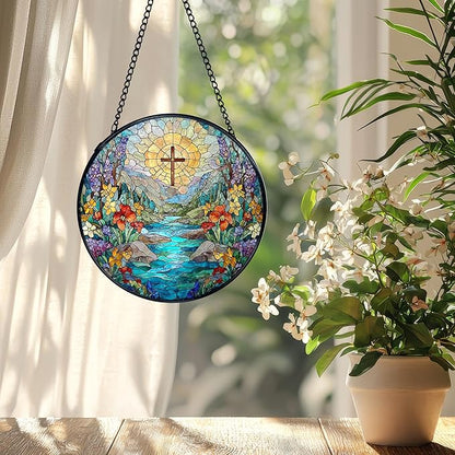 Christian Cross Flower Suncatcher Stained Glass Window Hanging, Cross Wildflower Sun Catchers Indoor Window Glass Wall Art Decor, Religious Wall Hanging Decor Decorations, 7.9x7.9 Inch