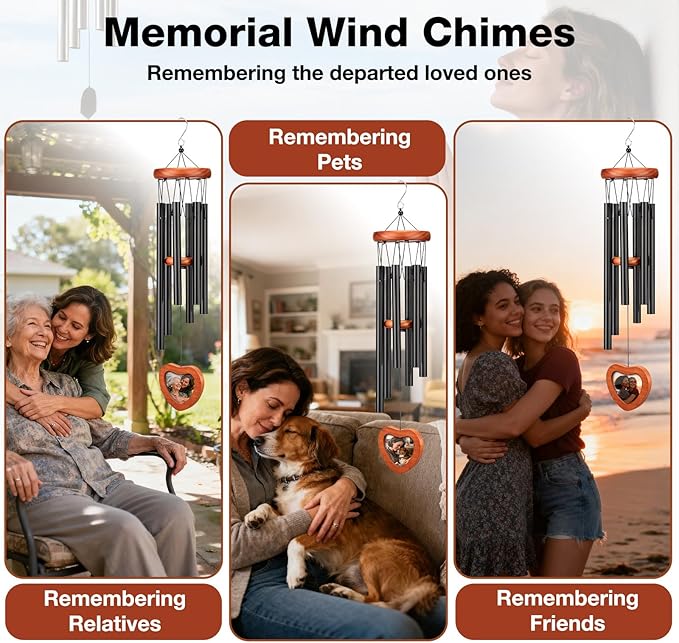 26'' Personalized Wind Chimes with Heart-Shaped Photo Frame - Deep Tone Memorial Wind Chimes for Outside Unique, Sympathy Chime for Loss of Loved One or Pet, Outdoor & Indoor Metal Chime - Black