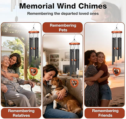 26'' Personalized Wind Chimes with Heart-Shaped Photo Frame - Deep Tone Memorial Wind Chimes for Outside Unique, Sympathy Chime for Loss of Loved One or Pet, Outdoor & Indoor Metal Chime - Black