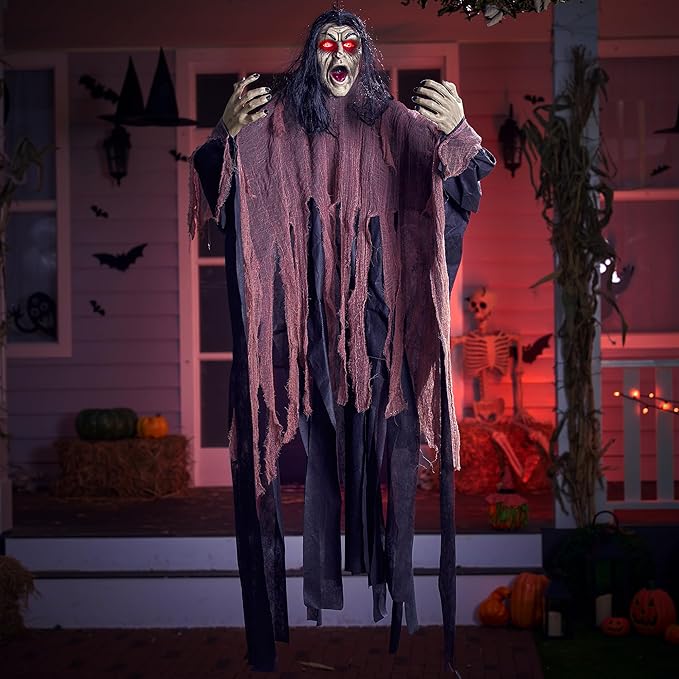 JOYIN Halloween Zombie Decorations Outdoor, Halloween Groundbreaker Outside Decor, Hanging Zombie Prop with Green Face and Lighted Eyes for Graveyard, Haunted House, Lawn, Yard, Indoor Decor