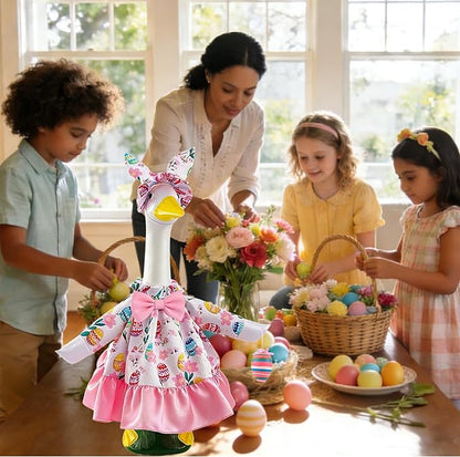 Easter Outfit for Porch Goose, Bunny Ear Hat with Easter Egg, Pink Dress Fit 17-23 Inch Goose Decoration, Holiday Costume for Front Porch Lawn Garden