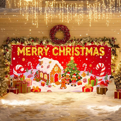 IVN Christmas Garage Door Cover Decoration 13x6ft Gingerbread House Christmas Tree Candy Path Merry Christmas Garage Door Banner Home Door Front Yard Decor for Xmas Eve Holiday Outdoor