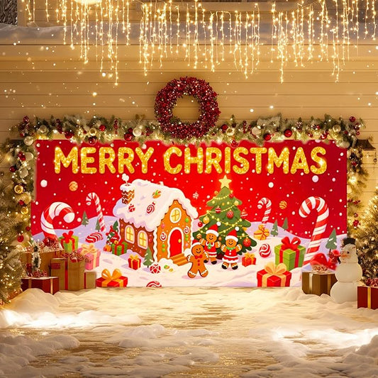 IVN Christmas Garage Door Cover Decoration 13x6ft Gingerbread House Christmas Tree Candy Path Merry Christmas Garage Door Banner Home Door Front Yard Decor for Xmas Eve Holiday Outdoor