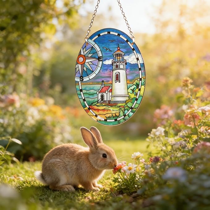 Lighthouse Garden Suncatcher for Window, Elliptic Stained Glass Window Hanging Memorial Gift Stained Glass Birthday Gift for Mom Sun Catchers Window Home Garden Christmas Party Wedding Decor (G)