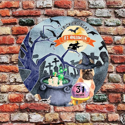 Retro Metal Sign 12"x12",Happy Halloween Scary Night Grave Witch Bats Trick Or Treat Dog Aluminum Tin Metal Sign for Home Living Room Bedroom Garden Farm Patio Decor Wall Art Poster