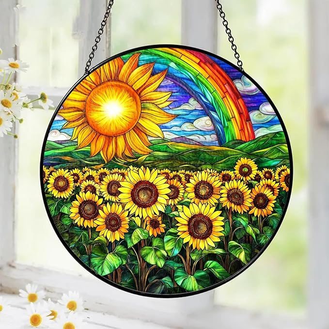 Sunflower Stained Glass Suncatcher Window Hanging Decor, Christmas, Mother's Day, Birthday Sunflower Gifts for Women Adults, Friends Sisters Teachers, Home Decorations for Window Kitchen Garden Patio