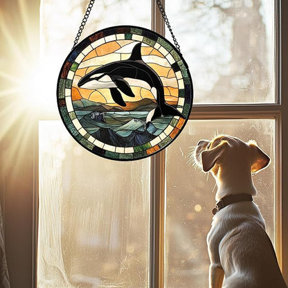 Stained Glass Window Hanging Ocean Wave Killer Whale 7.8" - Suncatcher Door Garden Sunroom Sun Catcher Home Decor Birthday Christmas for Mom Men Woman Nana