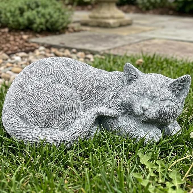 Stone Sleep Cat Statues Outdoor Decorative, Cat Memorial Statue for Yard Lawn Patio Porch, Garden Pet Grave Marker Figures, 9.44" L x 6.29" W x 4.33" H