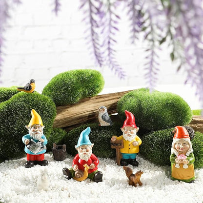 Jetec 10 Pcs Mini Fairy Gnomes Statue Garden Accessories Kit Miniature Garden Resin Gnomes Hand Painted Squirrel Hedgehog Owl Bird and Bucket Ornament for Yard Lawn Home Outdoor Decoration