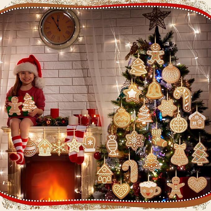 Rtteri 30 Pcs Christmas Gingerbread House Decorations Bulk 5 x 6 Inch Double Sided Snowflake Gingerbread Candy Canes Plastic Hanging Ornaments for Xmas Tree Yard Porch Lawn Holiday Decorations