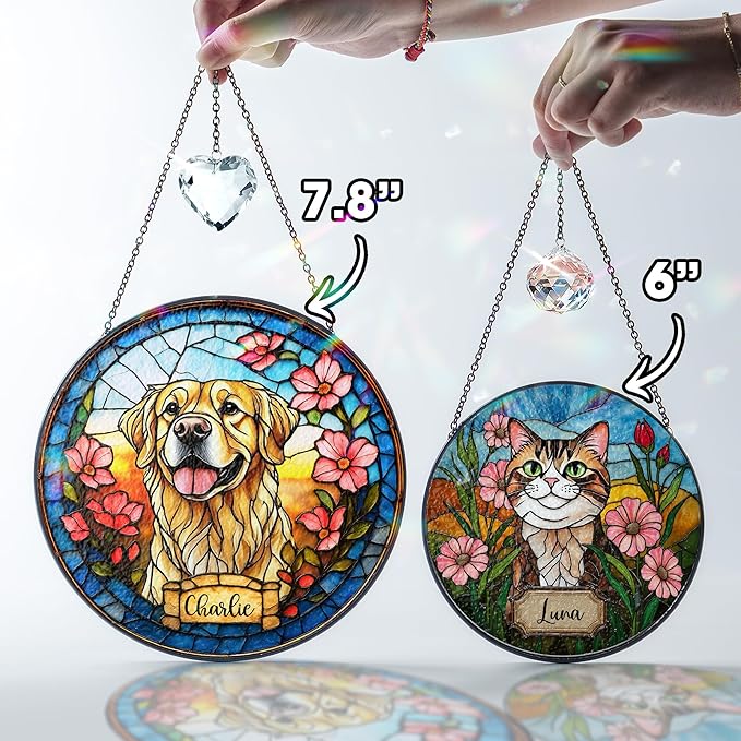 Personalized Pet Portrait Stained Glass Window Hanging, Sympathy Decoration Suncatcher for Loss of Dog, Cat Keepsake Bereavement Gift from Photo, Dog Memorial Suncatcher for Pet Lover, Kid