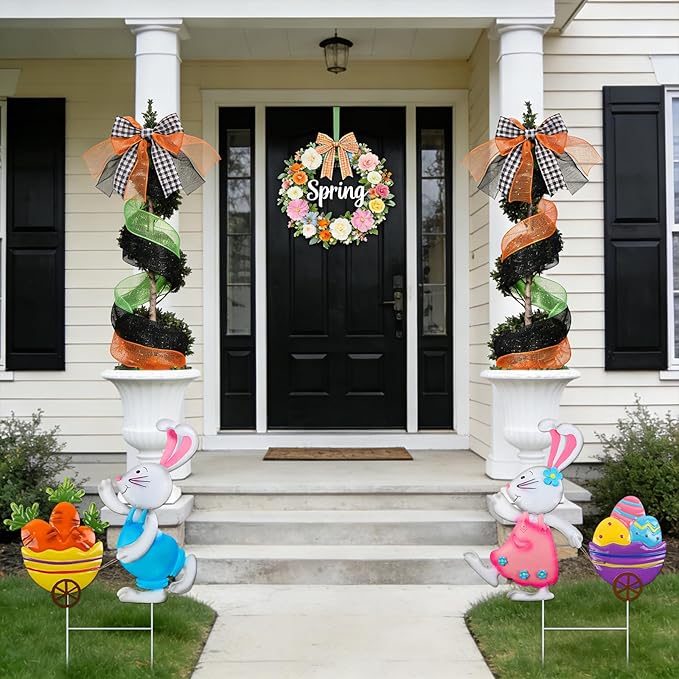 2 Pack Easter Bunny and Egg Lawn Stakes - Spring Bunny Yard Stakes with Metal Stakes for Easter Outdoor Yard Decor Easter Patio Stakes