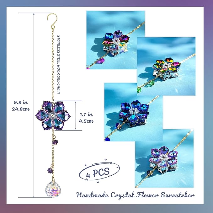 HDCRYSTALGIFTS 4pcs Crystal Flower Suncatchers for Window Hanging Christmas Tree Ornaments, Rainbow Maker Crystal Sun Catchers Indoor Window Outdoor Patio Garden Decor Gifts (1.7 * 10inch,Multicolor)