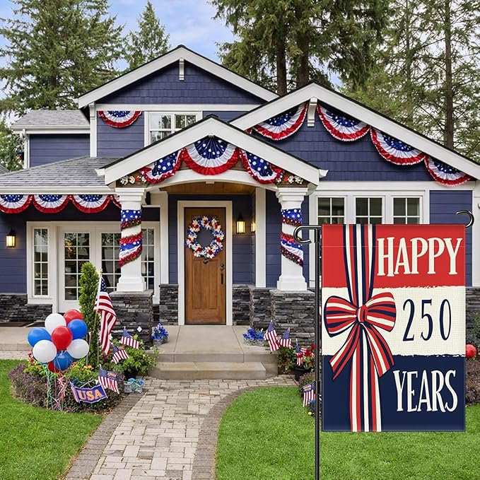 250 Years America Anniversary Garden Flag, Double-sided HAPPY 250 YEARS Patriotic 4th of July Yard Sign for Outdoor Independence Day Decoration