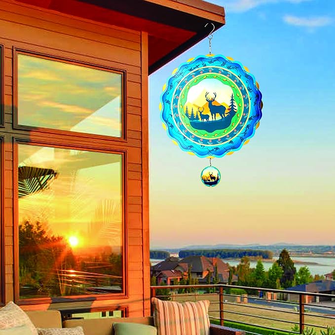 12 inch Stainless Steel Elks Wind Spinner for Outdoor Garden Yard Patio Window Decor, 3D Light Catcher Hanging Metal Wind Sculpture, Kinetic Deer Gift for Women Mom Grandma Wife Men Holidays