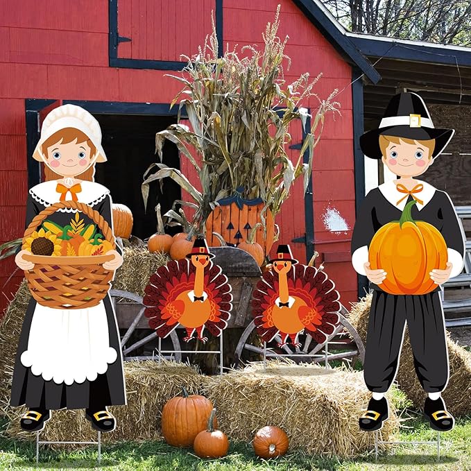 Geetery 4 Pieces Thanksgiving Outdoor Decorations Fall Yard Stake Scarecrow Pilgrim Pumpkins Porch Sign with Stake Autumn Harvest Garden Decor for Outside Lawn Decoration 32.28 x 10.47 Inch(Pilgrim)