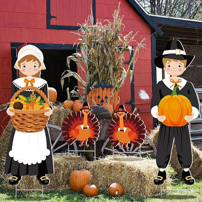 Geetery 4 Pieces Thanksgiving Outdoor Decorations Fall Yard Stake Scarecrow Pilgrim Pumpkins Porch Sign with Stake Autumn Harvest Garden Decor for Outside Lawn Decoration 32.28 x 10.47 Inch(Pilgrim)