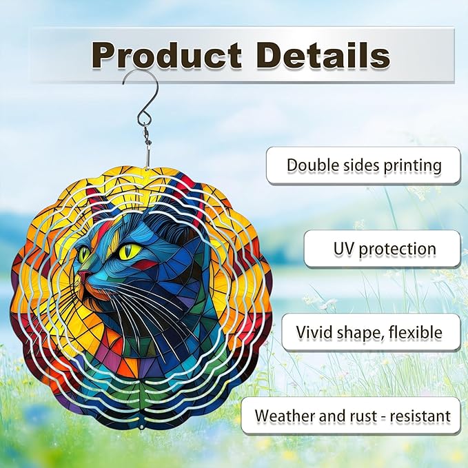 Cat Wind Spinners Outdoor, Hanging Wind Spinner for Garden Decoration, 8 inch 3D Stainless Steel Metal Wind Sculpture for Indoor/Outdoor Decor