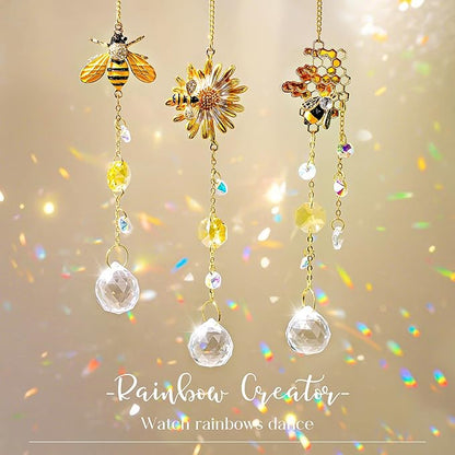 H&D HYALINE & DORA 3 Pack Sun Catcher Crystal Honeycomb Bee Ornaments Crystals Bumblebee Honeycomb with Glass Prisms Decor Garden Suncatcher Window Hanging Gifts for Women,Bee Lovers