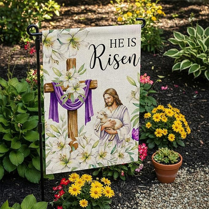He Is Risen Easter Garden Flag 12x18 Inch Double Sided Outside flag, Jesus, Lamb, Cross, Bouquet of Lilies Yard Outdoor Easter Holiday Decoration