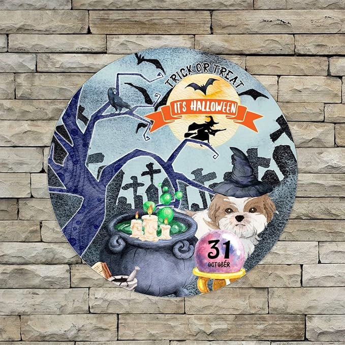 Retro Metal Sign 12"x12",Happy Halloween Scary Night Grave Witch Bats Trick Or Treat Dog Aluminum Tin Metal Sign for Home Living Room Bedroom Garden Farm Patio Decor Wall Art Poster