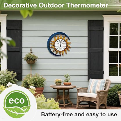 pealstar Outdoor Thermometer with Hygrometer Waterproof Large Wall Thermometer Decorative Metal Sun-Moon Outdoor Thermometers for Patio Garden Yard Living Room Decor