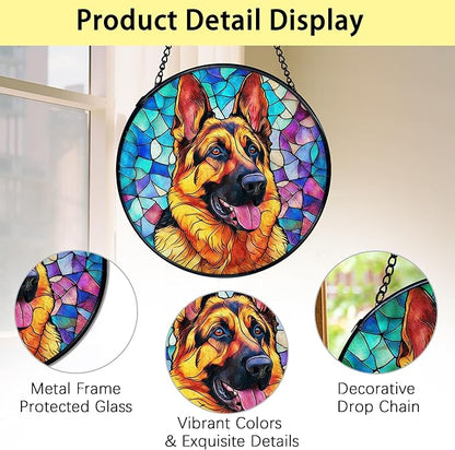 TNUW German Shepherd Dog Stained Glass Window Hanging, German Shepherd Gifts Sun Catchers Indoor Window Glass Round Wall Art Decor, Dog Wall Hanging Decorations, 7.9＂x7.9＂