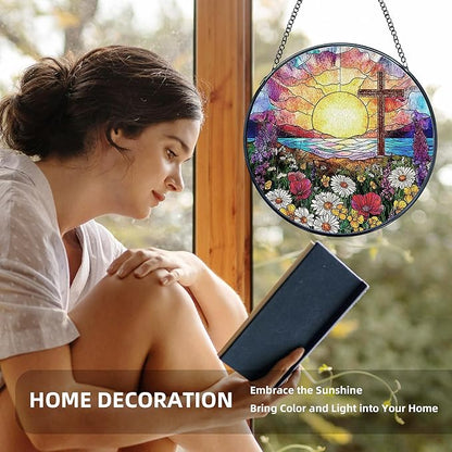 Cross Flower Stained Glass Window Hanging, Cross Suncatchers, Wildflower Christian Easter Sun Catchers Indoor Window Round Glass Wall Art Hanging Decorations, 7.9x7.9in