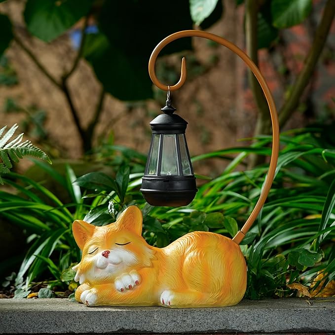 WSgift Outdoor Cat Figurine Garden Statue with Solar-Powered LED Light 13.77 Inches Tall Gift Garden Statue Decor for Cat Lovers Yellow