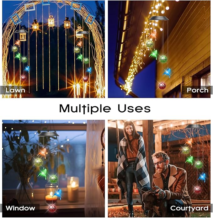 VIHOSE Solar Wind Chimes Lights Outdoor, Color Changing Hanging Solar Wind Chime, Hummingbird Moroccan Ball Mobile LED Lights for Outside Garden Yard Patio Decor, Waterproof
