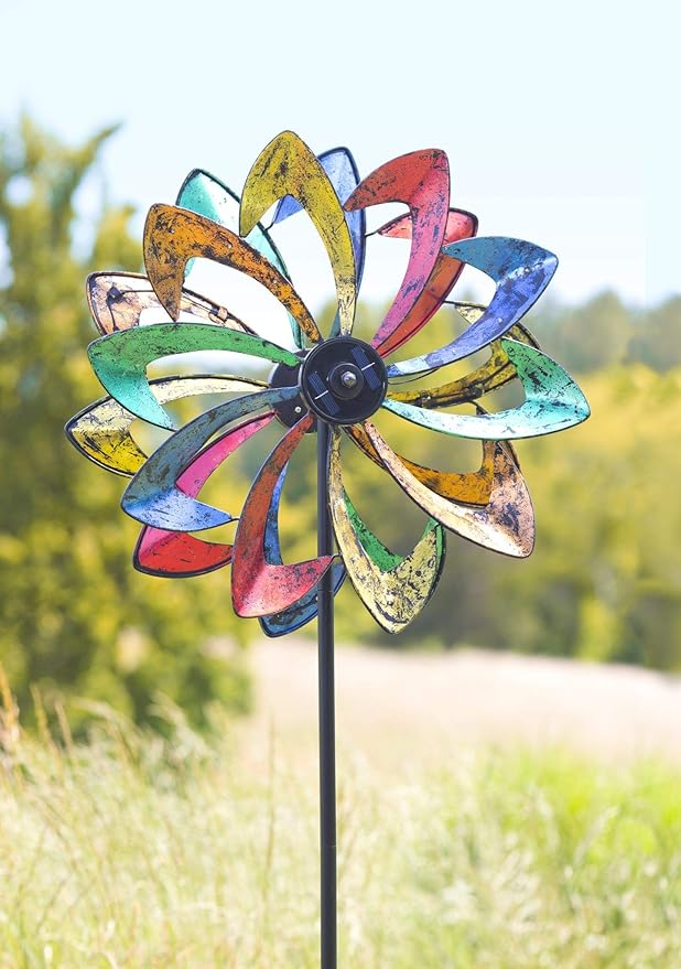 Plow & Hearth Solar Lighted 18 LEDs Flower Metal Wind Spinner | Antique | Bi-Direction Rotors | Dual-Motion | Over 6ft Tall | Easy Assembly