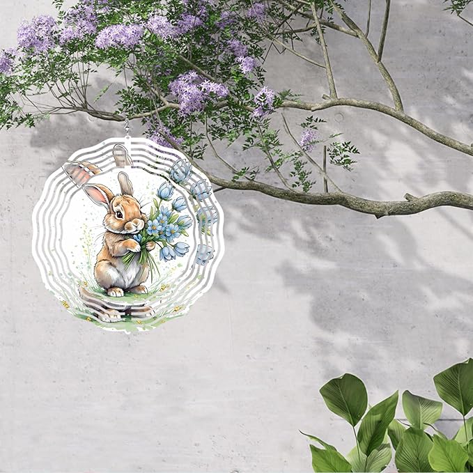 Easter Bunny Wind Spinner Easter Day Gifts 3D Metal Kinetic Hanging Wind Sculpture Spinners for Yard and Garden Indoor Outdoor Window Easter Rabbit Yard Art Garden Decoration 8 Inch (Bunny 8)