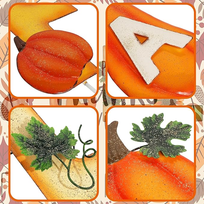 Juegoal 4 Pcs Fall Decorative Garden Stakes, 24.8 Inch Letter Fall Metal Yard Sign with Pumpkins, Outdoor Art Stake for Thanksgiving Decorations Fall Autumn Harvest Patio Lawn Walkway, Style B