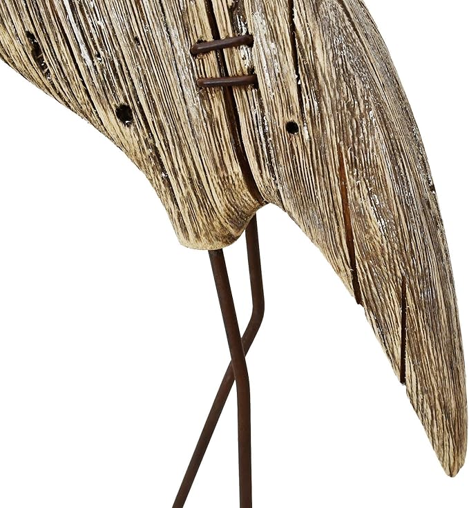E-view Garden Heron Statue Outdoor Wood Standing Bird Sculptures - Backyard Porch Patio Pond Decorations Yard Art Wooden Heron Lawn Decor, 31Inches High