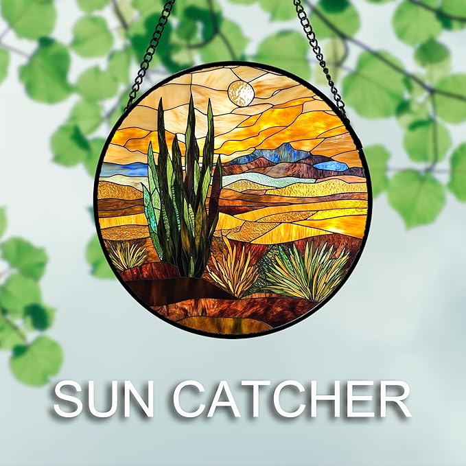 DASTOLL Stained Glass Window Hanging 4 Pcs Set Desert Sunset Theme Landscape 9.8" - Suncatcher Door Garden Sun Catcher Decor Birthday Christmas for Mom Woman Nana Men