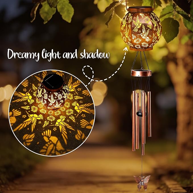 Round Lantern Wind Chimes-Hummingbird，Handcrafted Garden Art with Melodic Tones, Weather-Resistant Metal Wind Chime for Outdoor Patio, Porch, and Garden Decor, for Nature Lovers