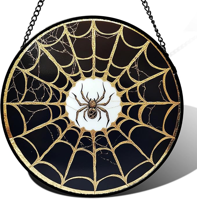 Stained Glass Window Hanging - Black Gold Spider Suncatcher for Door Terrace Garden Home Decor Halloween Sun Catcher Christmas Birthday Gifts for Lovers Women Men Dad Mom Nana 15 in