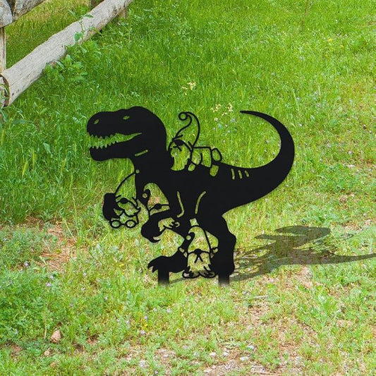 WADORN Dinosaur Gnome Metal Decorative Garden Stakes, Funny Dinosaur Gnome Metal Silhouette Statues Animals Garden Ornament Gifts Black Yard Art Decoration for Outdoor Backyard Patio Lawn Walkways