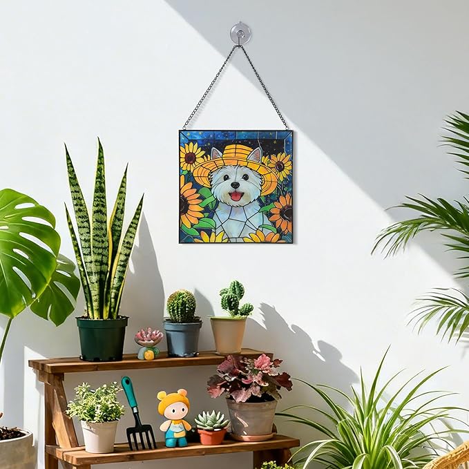 Stained Glass for Window Hanging Dog Suncatcher, Sun Catchers for Outdoor Decoration, Westie Garden Decor, Gifts for Women, Lovers, Couple, Friend, Colleagues
