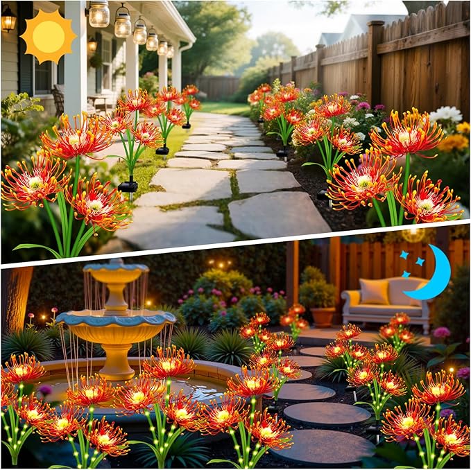 Solar Garden Flower Lights Outdoor,6 Pack Orange Spider Lily Lights with Glowing Stems,Waterproof Fall Decor Solar Yard Decor for Patio Lawn Pathway,Thanksgiving Garden Gifts for Women Mom Grandma