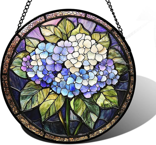 DASTOLL Stained Glass Window Hanging, Hydrangea Flowers Sun Catchers Diamond Glass Panel Hangings Plant Suncatcher Decor for Birthday for Women, Men, Wife, Aunt, and Mom 7.8 in