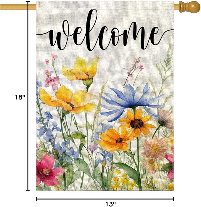 Welcome Flowers House Flags for Outdoor Decoration, Spring Watercolor Floral Large Yard Flag, Decorative Summer Celebration Decor for Seasonal Farmhouse Holiday Outside 28x40 Inch Vertical