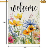 Welcome Flowers House Flags for Outdoor Decoration, Spring Watercolor Floral Large Yard Flag, Decorative Summer Celebration Decor for Seasonal Farmhouse Holiday Outside 28x40 Inch Vertical
