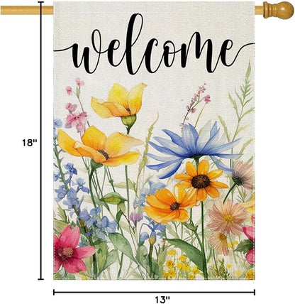 Welcome Flowers House Flags for Outdoor Decoration, Spring Watercolor Floral Large Yard Flag, Decorative Summer Celebration Decor for Seasonal Farmhouse Holiday Outside 28x40 Inch Vertical